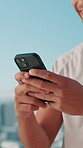 Hands, runner and phone with man in city for fitness app, tracking performance or health stats. Running route, training guide and closeup of person outdoor for exercise progress, sport or online map