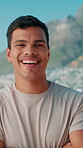 Outdoor, man and face with arms crossed for fitness, marathon challenge and confidence with laugh. Nature, male person and runner in portrait for workout pride, cardio exercise and athlete on break
