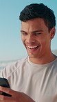 Smile, runner and phone with man in city for fitness app, tracking performance or health stats. Running route, training guide and scroll with person outdoor for exercise progress, sport or online map