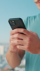 Hands, fitness and phone with man in city for runner app, tracking performance or health stats. Running route, training guide and closeup of person outdoor for exercise progress, sport or online map