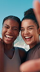 Runner, team and selfie with women in city for fitness memory, training and support. Health, photography and social media with face of friends outdoor for community, profile picture and synergy