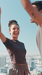 Runner, team and hands together with people in city for fitness group, training and support. Health collaboration, partnership and applause with friends and huddle outdoor for community and synergy