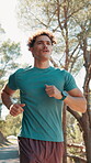 Running, fitness and smart watch with man in nature for tracking performance, health stats and lap time. Training progress, wellness app and monitor workout with person in forest for sports goals