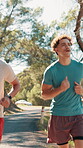 Running, fitness and health with friends in nature for wellness, marathon practice and training. Workout, sports athlete and exercise with men outdoor for speed challenge, race performance and cardio