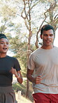 Running, team and fitness with couple in nature for training, marathon practice and support. Sports athlete, health partner and wellness with man and woman in forest for runner workout and exercise