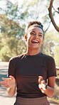Outdoor, woman and laughing with conversation for fitness, share story and communication for exercise. Nature, friends and female person as runner for chat, talking and funny joke for workout break