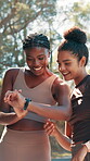 Running, success and smart watch with friends in nature for tracking performance, health stats and lap time. Training support, high five and monitor workout with women in forest for sports goals
