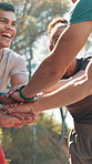 Outdoor, friends and hands with stack for fitness, celebration and motivation for running together. Below, huddle and people with high five for support, applause and excited group for exercise goal