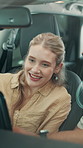 Dealership, woman and agent talk for car purchase, show features or help with choice evaluation. Vehicle, happy client or discussion in showroom with salesperson for rental, auto buyer and inspection