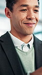 Research, online and smile with business man in office for financial advisor, stock broker and market report. Communication, trading network and reading with person in agency for connection and app