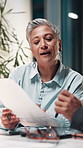 Woman, documents and meeting at night with review, feedback and planning at company. Mature person, paperwork and talking in boardroom for problem solving, report and solution at startup agency