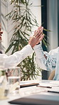 Women, applause and meeting with high five at office, happy or results at night for success at company. Business people, leader and goal with cheers, achievement or team with profit at startup agency