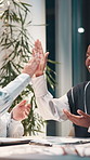 Women, applause and meeting with high five in boardroom, happy or results at night for success at company. Business people, leader and goal with cheers, excited and team with profit at startup agency