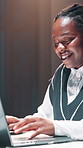 Business, night and black woman in office, laptop or typing with research for news report. African person, evening or journalist in workplace, pc or writing with review, smile or feedback for article