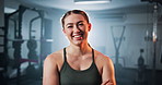 Happy woman, face and fitness at gym for personal training, workout service or wellness. Active, portrait or female person with smile in confidence for equipment, exercise or facility at health club