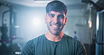 Face, fitness and happy man in gym, smile and confidence with endurance, challenge and training. Healthy person, portrait and athlete in wellness center, exercise and body workout with pride