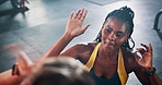 Fitness, high five and women do sit up in gym for core workout, exercise and training for challenge. Sports club, success and person with personal trainer for strength, wellness and strong muscles
