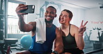 Happy people, friends and fitness with peace sign at gym for workout selfie, photography or picture. Man, woman or community with smile or emoji for capture moment or social media post at health club