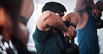 Kettlebell, exercise and people in gym for workout, bodybuilder training or intense fitness. Health club, sports and men and women weightlifting for strength, muscle or strong arms for wellness
