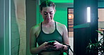 Walking, fitness and happy woman with phone in gym to start exercise, training and workout routine. Sports health club and person on smartphone for typing message, social media and contact with bag