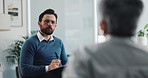 Man, therapist and counseling with senior client for therapy or health advice at office. Male person, counsellor or consultant speaking with patient for listening, communication or help at session