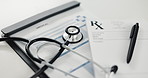 Clipboard, documents and stethoscope on desk, clinic and empty for writing prescription for medicine. Paperwork, application form and insurance admin on table for healthcare services at hospital