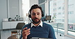 Businessman, face or consultant with headset at office for online communication or advice. Portrait, man or agent talking in POV on technology for virtual discussion, assistance or app at call center