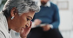 Mature woman, stress or talking with therapist or headache for mental health or counseling. Female person, anxiety or client with counsellor, migraine or burnout in therapy session for advice or help