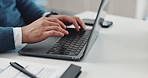 Businessman, hands or typing with laptop at office for administration, communication or email. Closeup, man or employee working on computer with documents for business report or company audit at desk