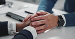 Business, people and holding hands with empathy in office for mental health, kindness and support. HR manager, employee or understanding at workplace with comfort, console or compassion with sympathy