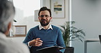 Man, therapist and talking with senior client for counseling therapy or health advice at office. Male person, counsellor or consultant speaking to patient for communication or helpful tips at session
