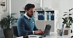 Man, therapist or typing on laptop at office for health administration, report or communication. Male person, healthcare worker or administrator with computer for email, telehealth or clinic feedback