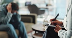 Clipboard, writing and therapist with patient on sofa in office for mental health questions. Medical report, psychiatry and clinical counsellor with person for information for depression diagnosis.