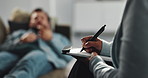 Notepad, writing and psychologist with patient on sofa in office for mental health questions. Medical report, therapy and clinical counsellor with person for information for depression diagnosis.