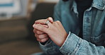 Divorce, hands and man with ring, doubt and toxic marriage with relationship, sad and confused. Closeup, home and person with stress, infidelity and secret affair with jewelry, separation or cheating