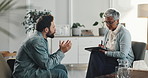 Therapy, counseling and man with therapist in office for consulting, advice and emotional support. Psychology, mental health and woman with clipboard for writing notes, patient diagnosis and session