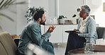 Therapy, stress and man with therapist with clipboard for consulting, advice and emotional support. Psychology, mental health and woman with patient for writing notes, diagnosis or counseling session