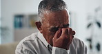Healthcare, sad and old man in office, crying and emotion with cancer diagnosis. Pensioner, senior patient and tears with wellness, illness and disease with reaction, shocked and test results