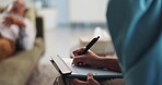 Clipboard, counseling or hands with patient and therapist in office for assessment or review. Mental health, psychology or writing with medicine professional and person in session for therapy