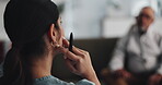 Psychology, listening and consulting with back of person for advice, mental health and therapy. Help, life coach and anxiety assessment with therapist in clinic for support, trauma and counseling