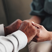 Therapist, holding hands and senior patient for counselling, comfort ...