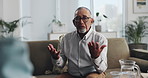 Psychology, talking and consulting with old man on sofa for advice, mental health and therapy. Help, life coach and anxiety assessment with patient in clinic for support, trauma and counseling