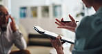 Psychology, clipboard and consulting with hands of person for talking, mental health and therapy. Report, life coach and anxiety assessment with closeup of therapist for advice, trauma and counseling