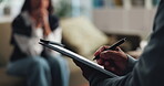 Clipboard, counseling or writing with patient and therapist in office for assessment or review. Hands, mental health or psychology with medicine professional and person in session for therapy