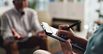 Clipboard, counseling or writing with patient and therapist in office for assessment or review. Mental health, consulting or psychology with medicine professional and person in session for therapy