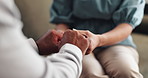 Psychologist, holding hands and senior patient for consulting, comfort and support with grief at clinic. People, therapy and counselling for mental health, anxiety and kindness with care on sofa