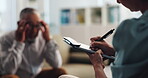 Clipboard, hands or writing with patient and therapist in office for assessment or review. Counseling, mental health or psychology with medicine professional and person in session for therapy