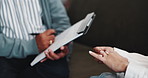 Psychology, hands and writing with patient and therapist in marriage therapy for assessment review. Clipboard, ring and divorce crisis with person talking to relationship expert in consulting session