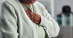 Senior woman, hands or chest pain with heart attack, anxiety or medical emergency scare. Retirement, cardiology or mature person with cardiac arrest, stress or stroke, breathing issue in health risk