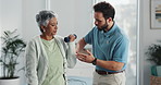 Physiotherapy, dumbbells and senior woman exercise for fitness, help or body health in clinic. Physical therapist, patient and strength training for muscle, rehabilitation or support for recovery